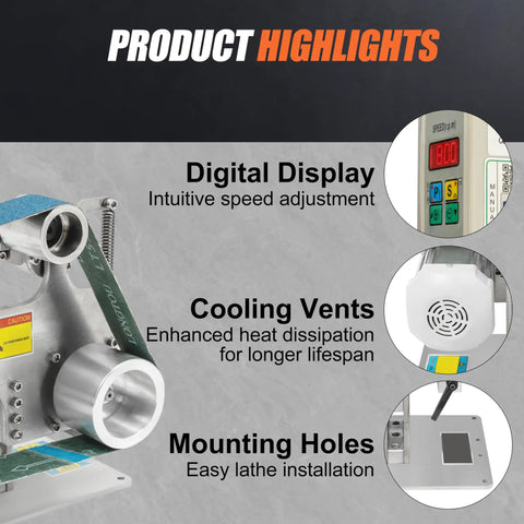 Kickass 2X36 Inch Desktop Belt Grinder And Sander Featuring Infinite Variable Speed for Knife Making showing digital display, cooling vents, and mounting holes.