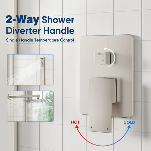 Ceiling Shower System With 10 Inch Rain Shower Head And Handheld Spray, control valve in brushed nickel finish on tiled wall
