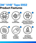 Diagram showing features of 3M VHB Tape 5952, highlighting bond strength, conformability, adhesion to metals and plastics, and durability