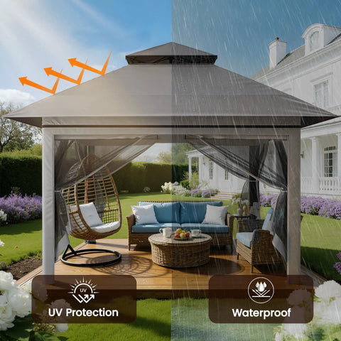 13x13 Pop Up Gazebo With Mosquito Netting One Push Setup No Tools Needed Ventilated Roof For Fresh Air Sturdy Frame in Backyard