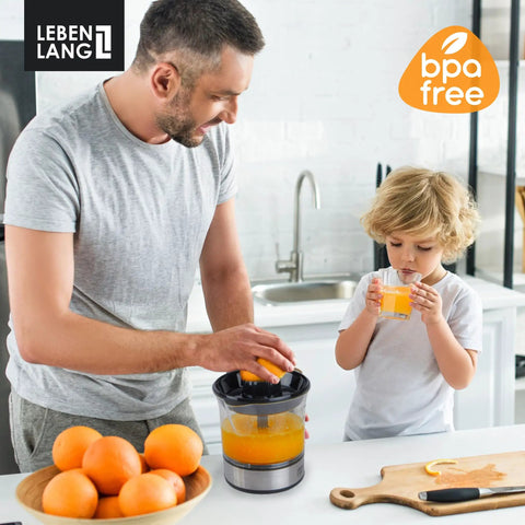 Lebenlang Electric Orange Juicer With Two Cones BPA-Free High Yield Citrus Squeezer Press for lemons limes in use with child.