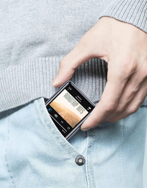 Bluetooth 5.3 MP3 Player With Dope HiFi Lossless Sound Portable Music Player in pocket showing 2.4 inch touchscreen interface