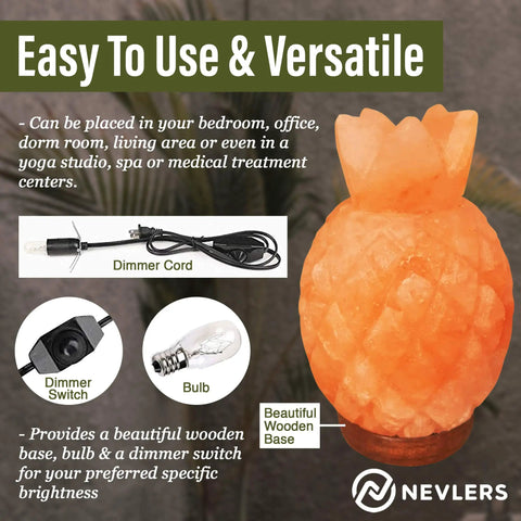 Pineapple-shaped Himalayan salt lamp with dimmer cord, bulb, and wooden base, ideal for various rooms, versatile usage promoted.