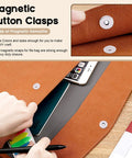 Dope Magnetic Button Clasps Sewing Kit For DIY Projects, 64 Sets In Four Colors With 14mm And 18mm Snaps shown on a brown bag