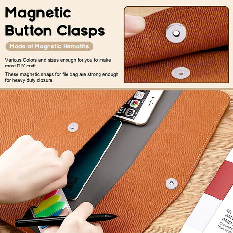 Dope Magnetic Button Clasps Sewing Kit For DIY Projects, 64 Sets In Four Colors With 14mm And 18mm Snaps shown on a brown bag