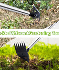 Dual Head Weed Puller Tool With Long Handle And Garden Hoe Rake Combo in use for uprooting weeds in yard and flower beds