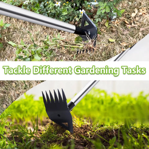 Dual Head Weed Puller Tool With Long Handle And Garden Hoe Rake Combo in use for uprooting weeds in yard and flower beds