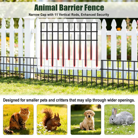 15 Pack Dog And Critter Barrier Fence With 21.25 Feet Of No Dig Under Fence Barrier For Yard Rustproof Metal Garden Fence Gap Filler shown installed in yard