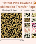 Product image of Vintage Pink Cow Print Sublimation Paper Sheets For DIY Crafts Mugs Tumblers And T Shirts 12 By 10 Inch 10 Sheets Easy To Cut Weed And Transfer For Colorful Durable No Fuss Craft Projects showing design options and sheet size.