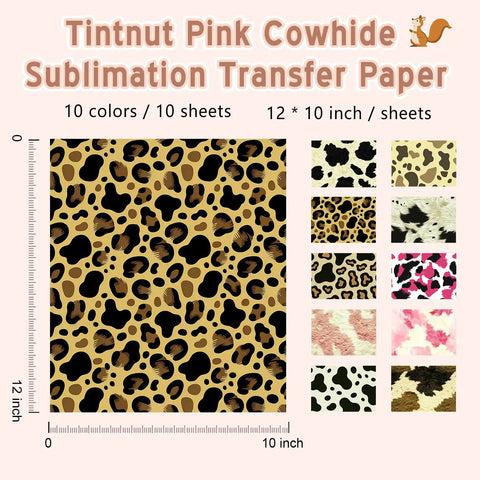 Product image of Vintage Pink Cow Print Sublimation Paper Sheets For DIY Crafts Mugs Tumblers And T Shirts 12 By 10 Inch 10 Sheets Easy To Cut Weed And Transfer For Colorful Durable No Fuss Craft Projects showing design options and sheet size.