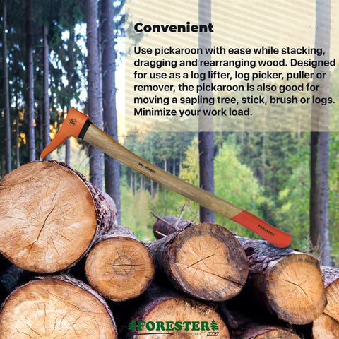 Pickaroon Logging Tool 28 Inch With USA Hickory Handle Hookaroon resting on stacked logs in a forested area