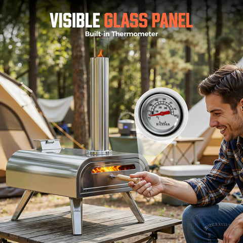 A man using a 16 Inch Multi-Fuel Outdoor Pizza Oven For Wood Fired Or Gas Cooking Reaches 1112 Fahrenheit, Stainless Steel Portable Pizza Cooker For Parties, 2-In-1 System With Burners Sold Separately at a campsite, featuring a visible glass panel and built-in thermometer.