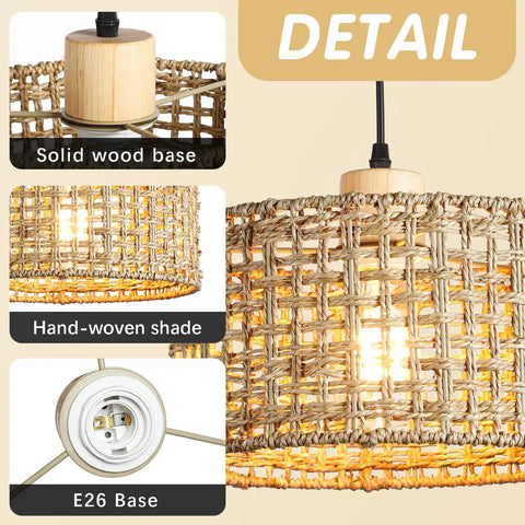 Detail view of white rattan pendant light with handwoven rope shade, showing solid wood base and E26 socket.