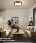 Living room with Oil Rubbed Bronze LED Flush Mount Ceiling Light 16 Inch Dimmable 23W 1610 Lumens 4000K above sofas