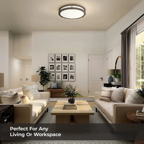 Living room with Oil Rubbed Bronze LED Flush Mount Ceiling Light 16 Inch Dimmable 23W 1610 Lumens 4000K above sofas
