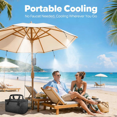Couple relaxing under beach umbrella with Beat The Heat Anywhere Portable Misting System With 12000mAh Pump misting.
