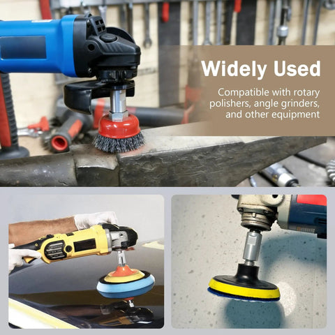 Universal 5/8 Inch One Eleven Thread Adapter Extension Shaft For Airway Buffing Wheel Polisher Angle Grinder Tool Attachment in use with buffing wheels.