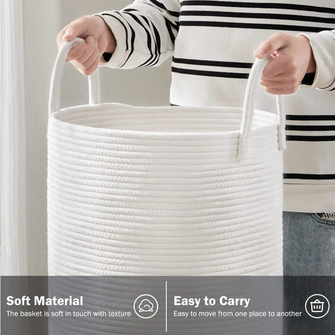 Big Ol Woven Rope Laundry Hamper Basket 58L Tall Portable Clothes And Blanket Storage being carried by person