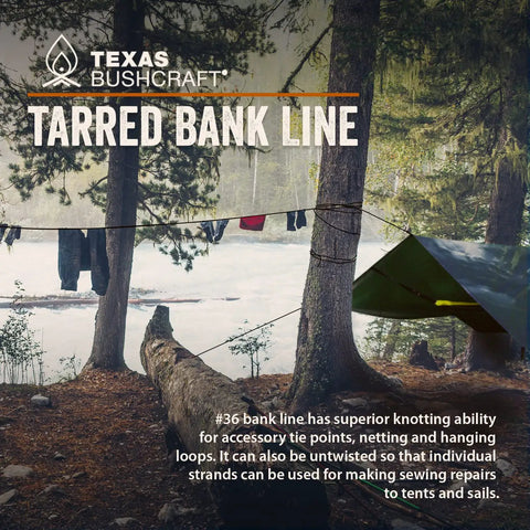 Size 36 Tarred Bank Line Cordage Black Nylon Twisted String for fishing, tying tarp in forest, outdoor survival use.
