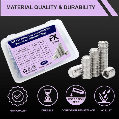 Hella Durable Hex Socket Set Screw Assortment Kit With Allen Wrenches 60 Piece Stainless Steel Metric cup point screws in case