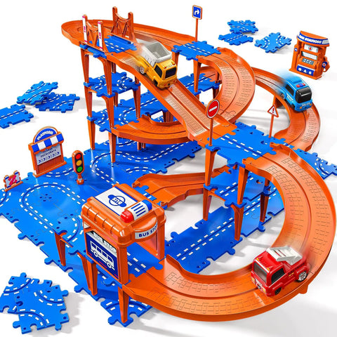 Fun-Filled 96 Piece Puzzle Track Car Set With 4 Tier Race Tracks For Tots And Kids 3 4 5 6 Years Old Includes Cars Road Signs