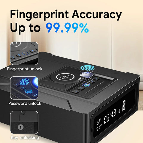 Biometric Gun Safe With 3 Quick Access Modes, 1 Second Fingerprint Scan, displayed with digital interface on nightstand