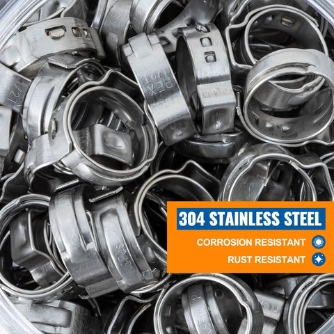 Close-up of 30 Pack 3/4 Inch Pex Crimp Rings Stainless Steel Cinch Clamps for tubing and pipes, single ear hose clamp.