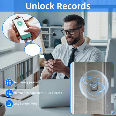Man using smartphone to unlock records, showcasing Super Slick Smart Lock Box With Fingerprint Scanner And Tuya App Sync.