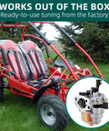 Carburetor Assembly 13624001 for TrailMaster MID XRS XRX Go Kart shown with a red go-kart on grass, includes fuel line and filter.