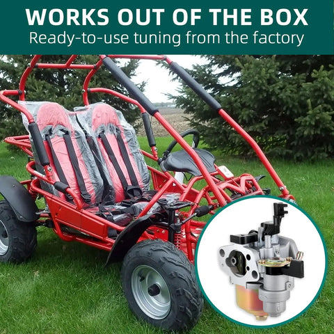 Carburetor Assembly 13624001 for TrailMaster MID XRS XRX Go Kart shown with a red go-kart on grass, includes fuel line and filter.