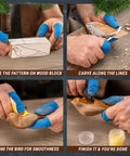 Chill Wood Carving Kit For Beginners And Kids Comfort Bird DIY steps showing gluing, carving, sanding, and finishing process.