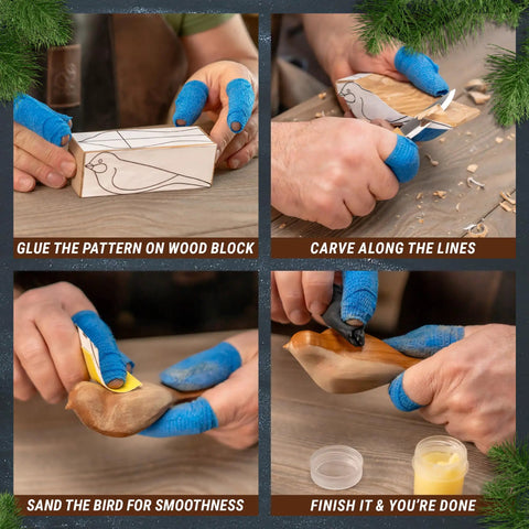 Chill Wood Carving Kit For Beginners And Kids Comfort Bird DIY steps showing gluing, carving, sanding, and finishing process.