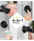 Smart Door Lock With Fingerprint And Keyless Entry, Touchscreen, Bluetooth App Control, And 4 In 1 Access Fingerprint, PIN, App, And Mechanical Key, Auto Relock, Easy Install, Ideal For Airbnb, Homes, Apartments, Hotels And Offices Black B400 showing fingerprint, PIN, app, and key functions