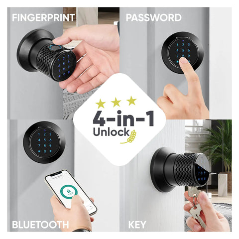 Smart Door Lock 4-In-1 Keyless Entry With Fingerprint, Passcode, Tuya App Remote, And USB Backup, showing fingerprint use.
