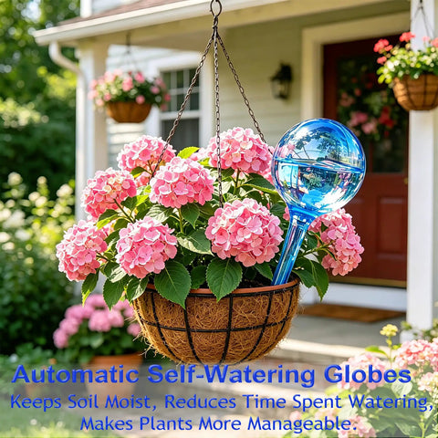 10 Piece Self Watering Bulbs Set For Indoor And Outdoor Plants, blue watering globe in hanging basket with flowers