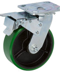 Side view of Beefy Heavy Duty 6 Inch By 2 Inch Swivel Caster Wheels Set Of 4 With Total Lock Brakes, green polyurethane wheel.