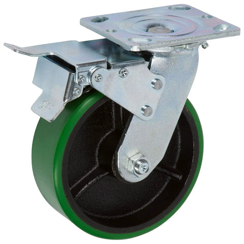 Side view of Beefy Heavy Duty 6 Inch By 2 Inch Swivel Caster Wheels Set Of 4 With Total Lock Brakes, green polyurethane wheel.