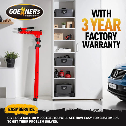 Beefed Up Heavy Duty Bike Repair Stand For E-Bikes MTB Road And Mountain Bikes in garage showing red frame next to storage cabinet