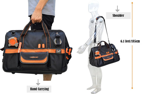 Man carrying 20 Inch Electrician Tool Bag Pro Grade Beast Heavy Duty Tote With 32 Pockets And Big Mouth Opening in hand and on shoulder.