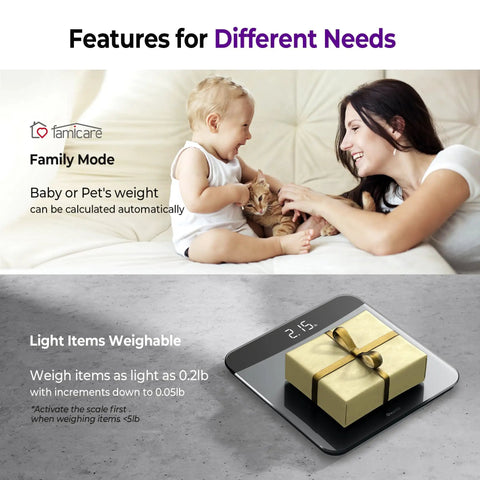 Digital Bathroom Scale With 450 Lb Capacity, 0.05 Lb Accuracy, Automatic Weighing For Body Weight, Babies And Pets, Large LED Display, Top Notch Build And Durable Base, featuring family mode and gift weighing.