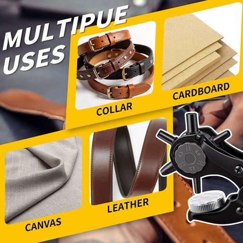 Long Handle Revolving Leather Hole Punch Kit For Belts Watch Bands Straps Dog Collars And More shown with materials like leather and canvas