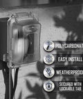 Extra Duty Weatherproof In-Use 1-Gang Outlet Cover installed on outdoor wall, polycarbonate, with features listed.
