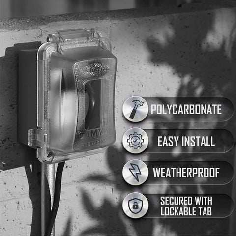 Extra Duty Weatherproof In-Use 1-Gang Outlet Cover installed on outdoor wall, polycarbonate, with features listed.