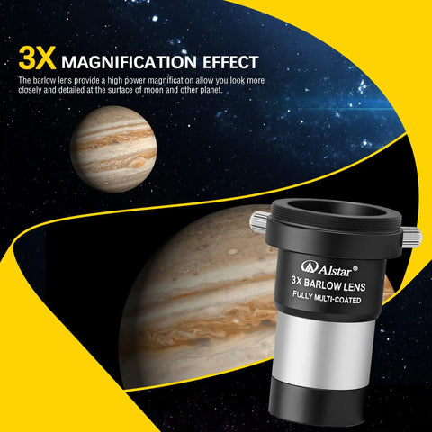 3X Barlow Lens 1.25 Inch For Telescopes With M42 Camera Adapter Metal Build Fully Multi Coated next to image of Jupiter