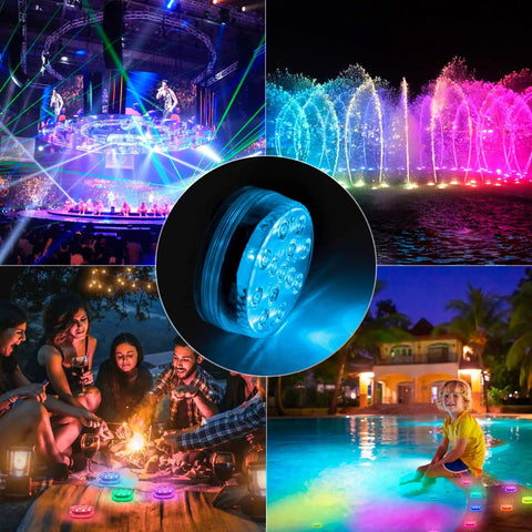 Collage of Cool Submersible LED Pool Lights Kit With Remote, 13 LED Waterproof Color Changing Underwater Lights used in pools and events