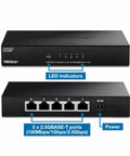 Front and back view of 5 Port Unmanaged 2.5G Switch For Gaming, Plug-And-Play, 5x 2.5GBASE-T Ethernet Ports, 25Gbps Switching Capacity, Black.