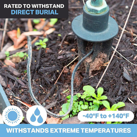 Beefy 12/2 Low Voltage Landscape Wire, 250 Ft Black Outdoor Cable for Landscape Lighting shown in outdoor installation.