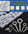 Heavy Duty Stainless Steel Eye Bolt And Nut Kit With Five Sizes Welded Closed Eye Screws For Indoor And Outdoor Hanging 116 Pieces With Nuts DIY Rigging And Ceiling Or Deck Hangers, assorted bolts and nuts in organizer