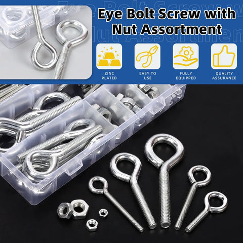 Heavy Duty Stainless Steel Eye Bolt And Nut Kit With Five Sizes Welded Closed Eye Screws For Indoor And Outdoor Hanging 116 Pieces With Nuts DIY Rigging And Ceiling Or Deck Hangers, assorted bolts and nuts in organizer