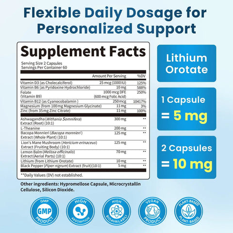 Supplement facts label of Powerful Mood Boost Nootropic Blend With Lithium Orotate And L-Theanine, 120 Vegan Capsules dosage details